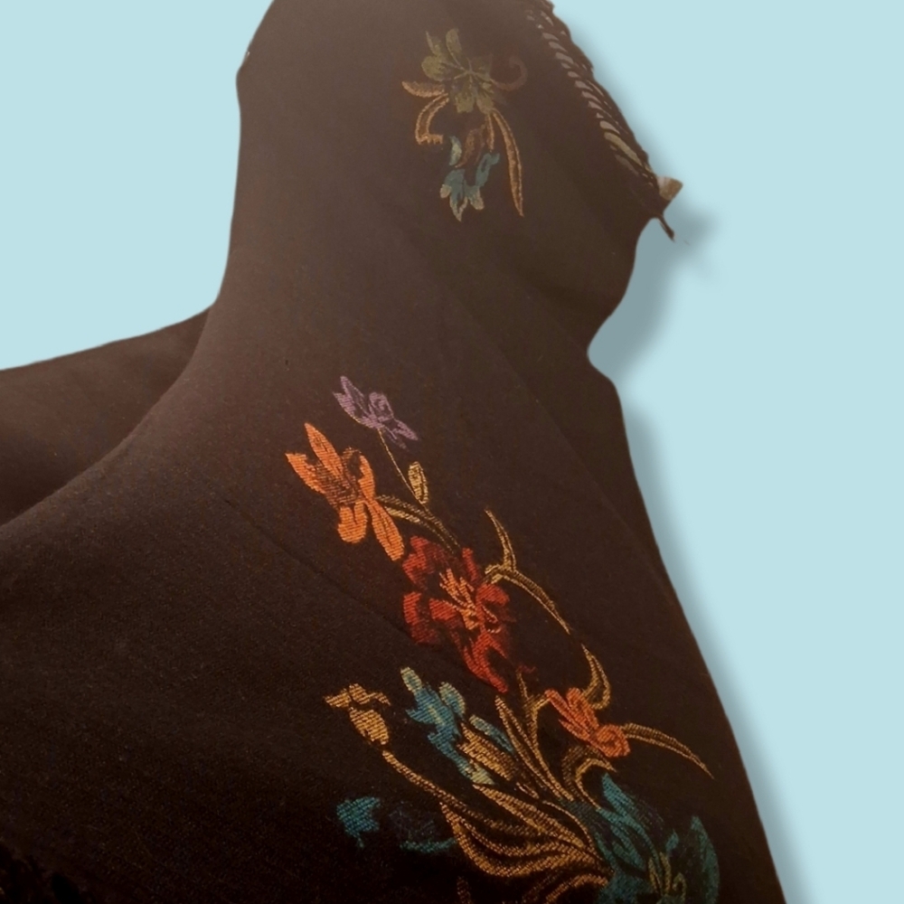 Black Shawl Wrap with Vibrant Colorful Floral | Multicolor Woven Fabric - Picture 14 of 16